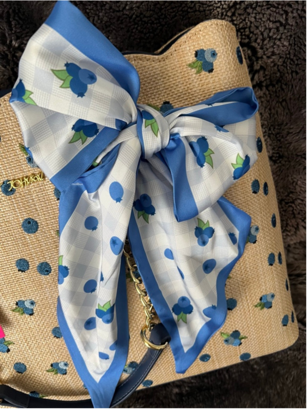 Women's Betsey Johnson Tote Bag One Size Beige Blue Blueberry Print - Picture 5 of 11